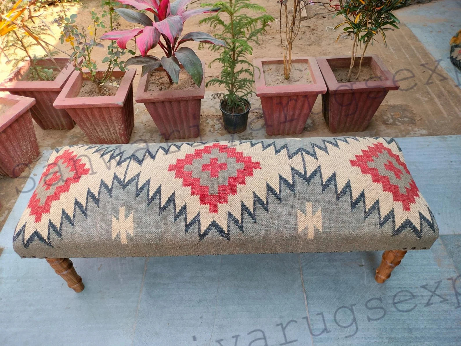Handwoven Kilim Upholstered Bench – Boho Wooden Footstool