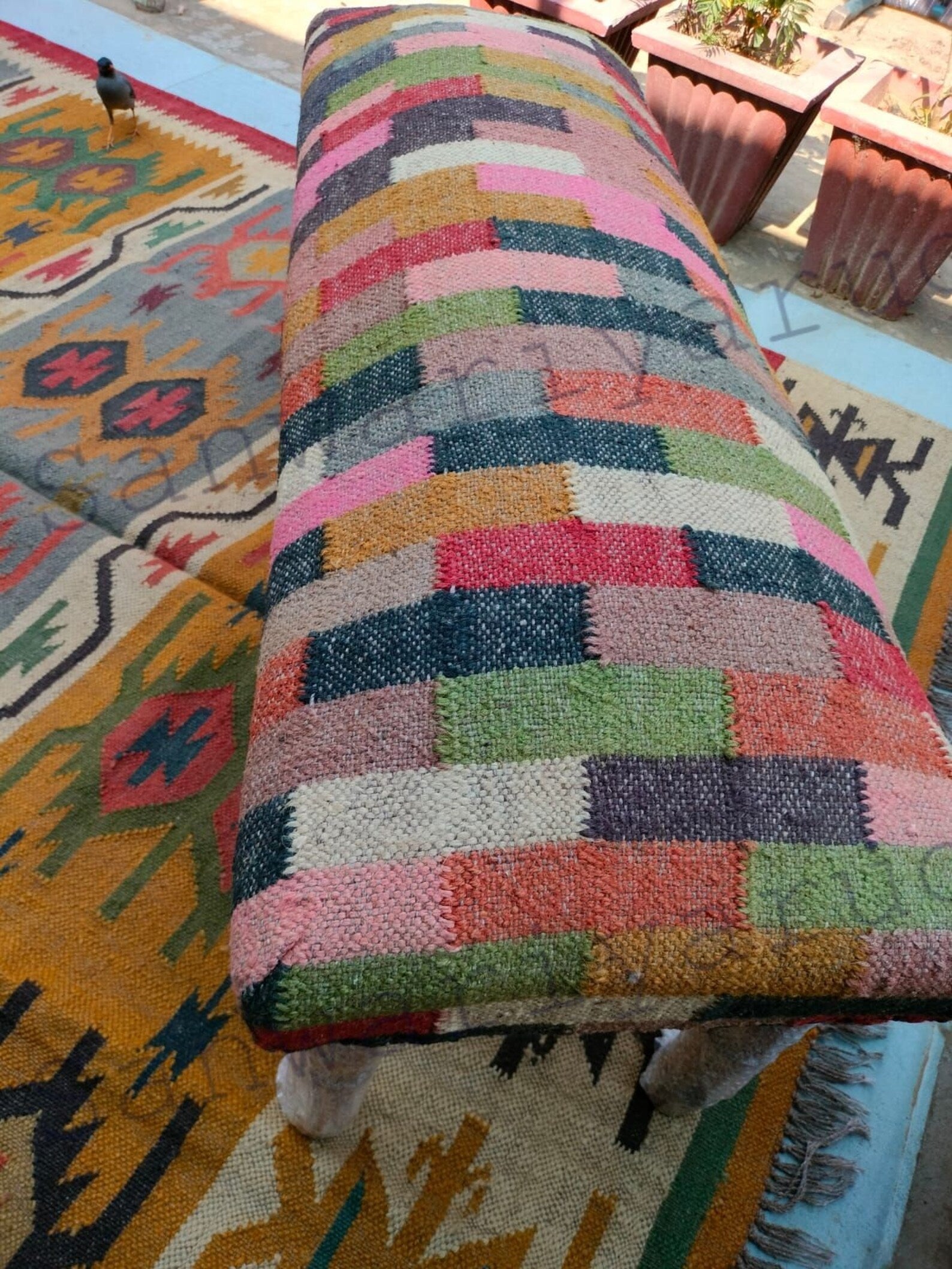 Handmade Kilim Wood Bench with Wool Jute Upholstery