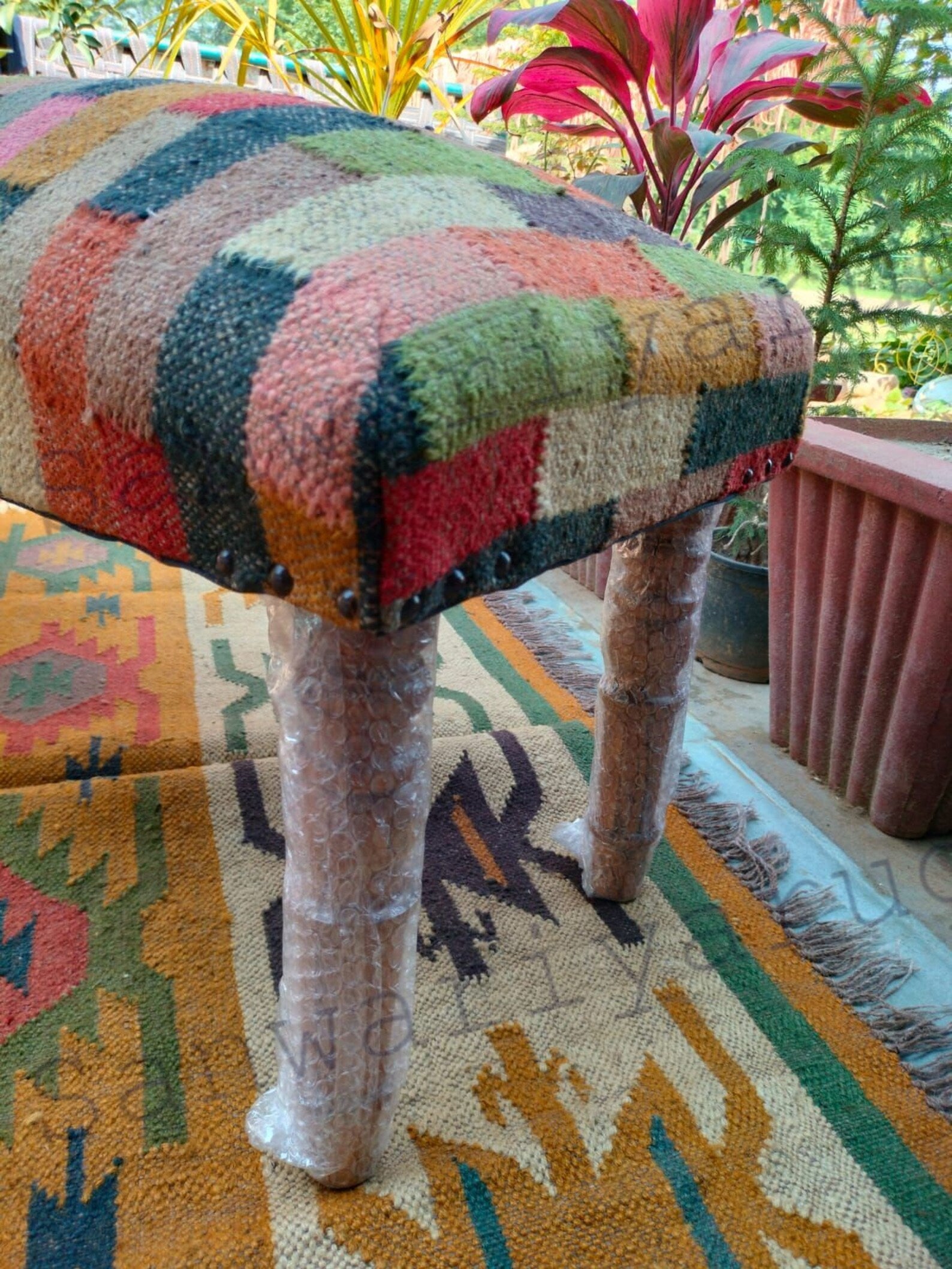 Handmade Kilim Wood Bench with Wool Jute Upholstery
