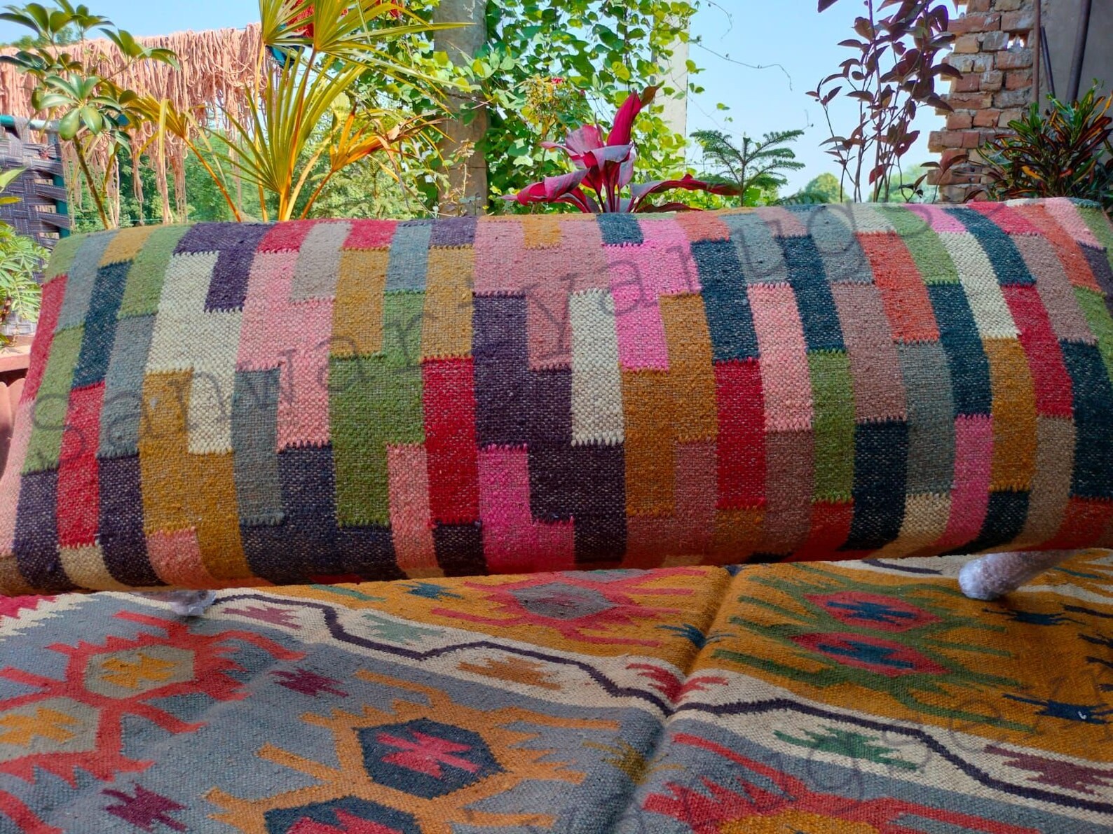 Handmade Kilim Wood Bench with Wool Jute Upholstery
