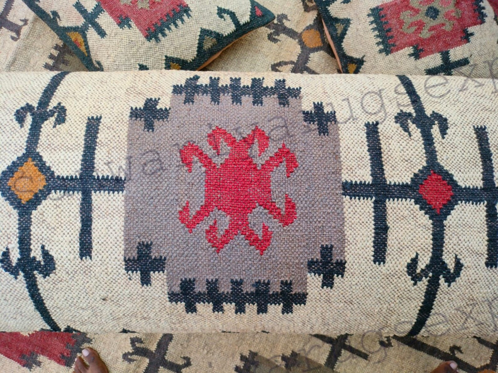 Handmade Kilim Wood Work Bench with Turkish Rug Upholstery