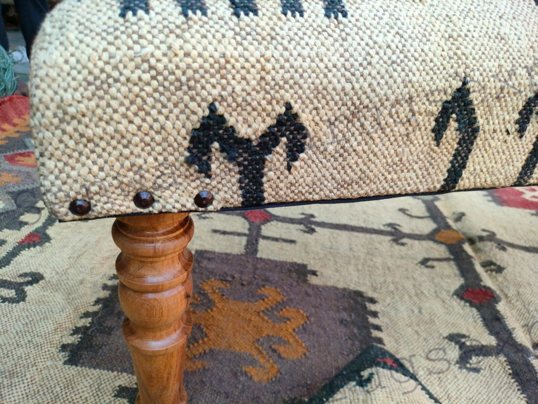Handmade Kilim Wood Work Bench with Turkish Rug Upholstery