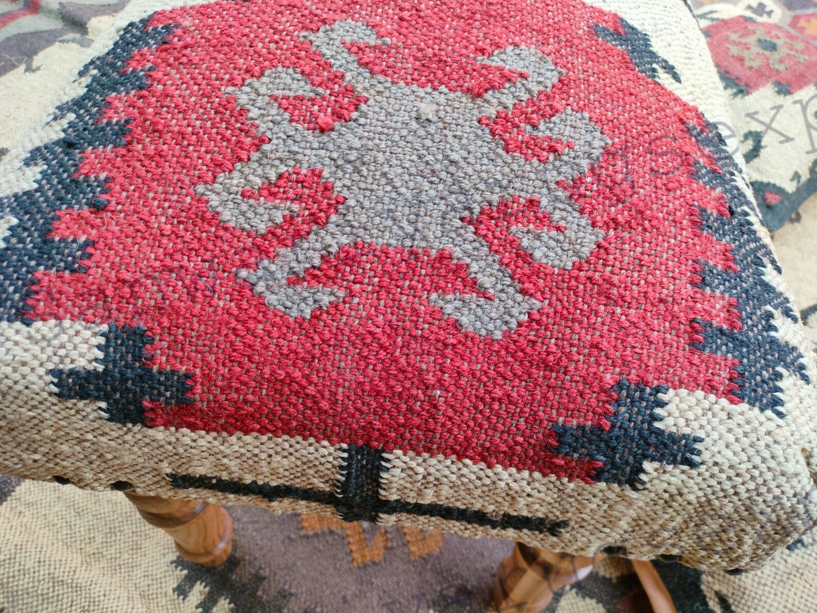 Handmade Kilim Wood Work Bench with Turkish Rug Upholstery
