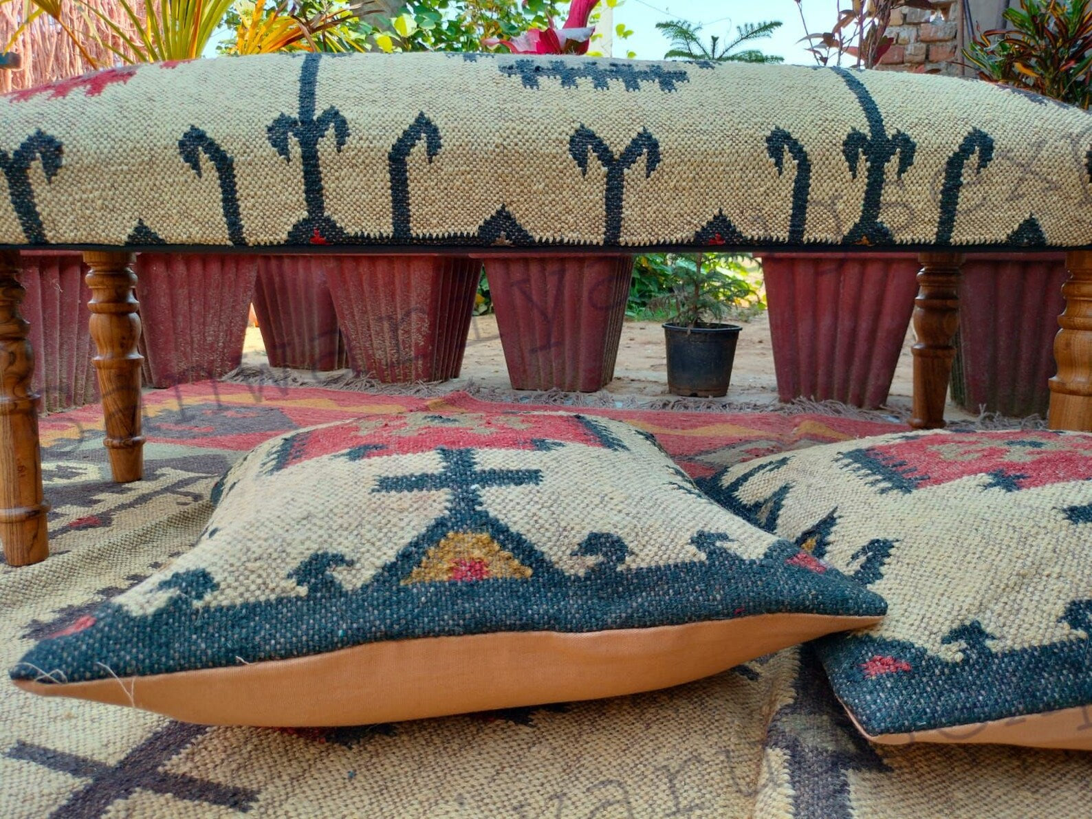 Handmade Kilim Wood Work Bench with Turkish Rug Upholstery