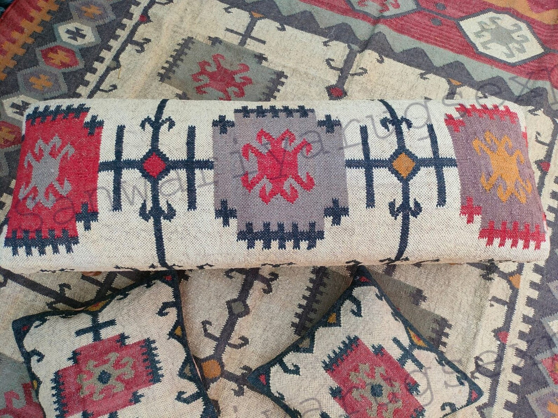 Handmade Kilim Wood Work Bench with Turkish Rug Upholstery