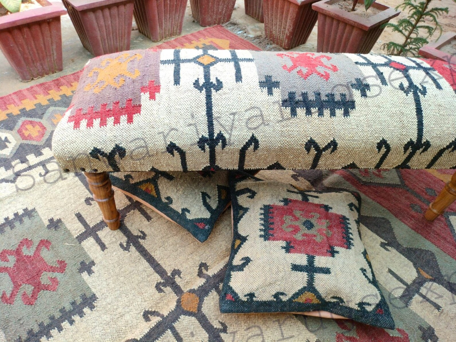 Handmade Kilim Wood Work Bench with Turkish Rug Upholstery