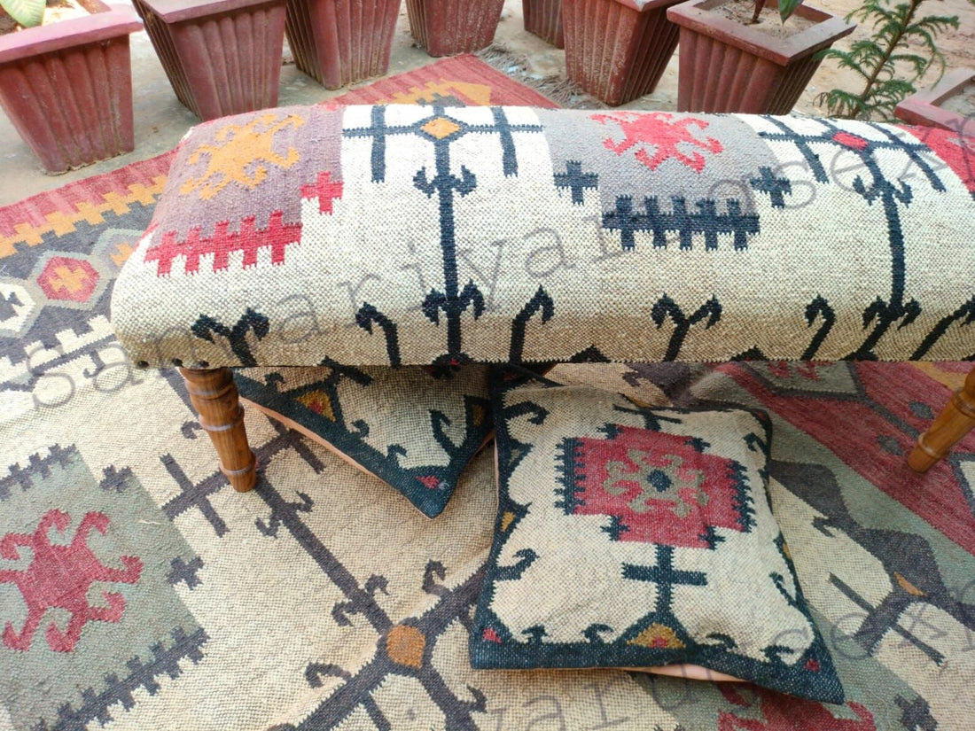 Handmade Kilim Wood Work Bench with Turkish Rug Upholstery