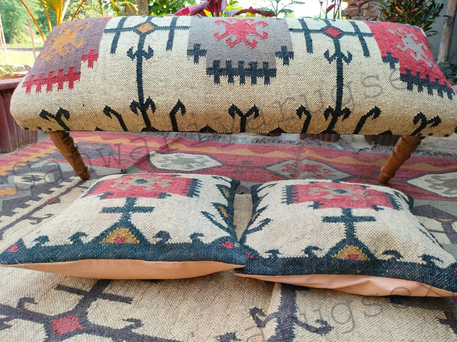 Handmade Kilim Wood Work Bench with Turkish Rug Upholstery