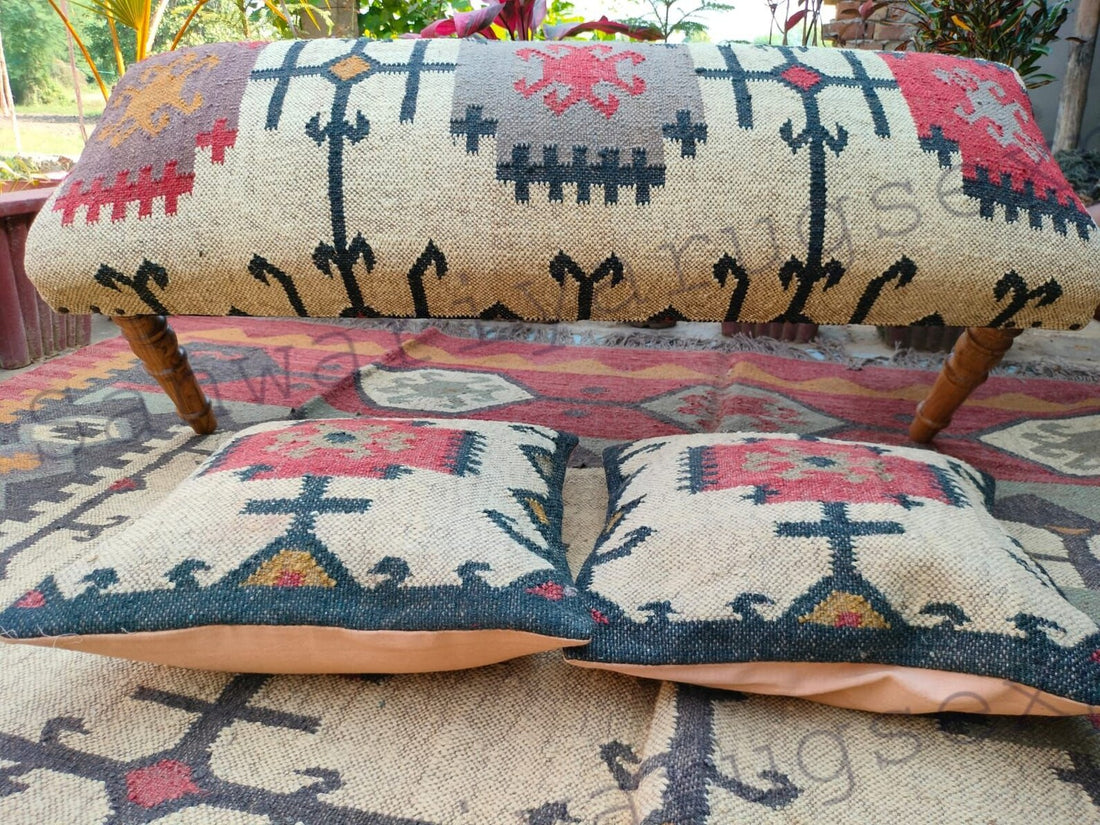 Handmade Kilim Wood Work Bench with Turkish Rug Upholstery