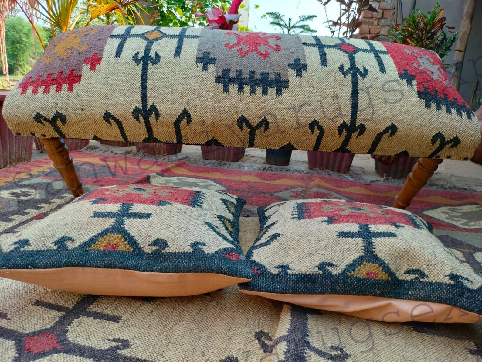 Handmade Kilim Wood Work Bench with Turkish Rug Upholstery