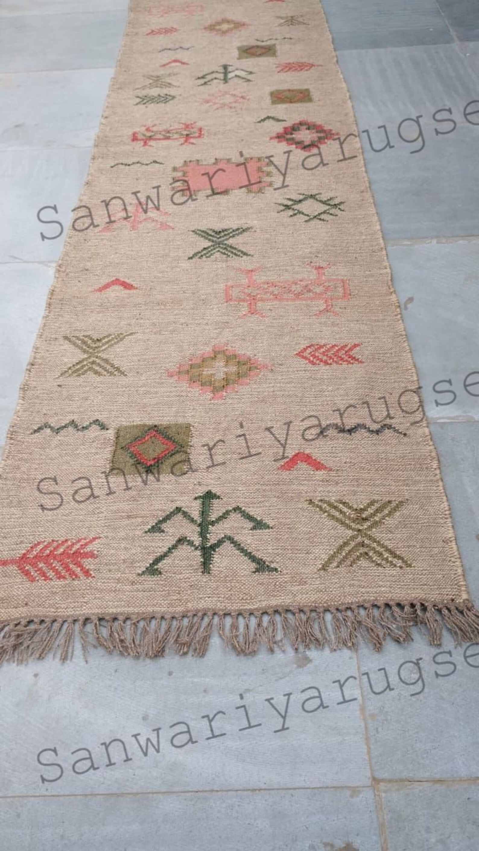 Handwoven Wool Jute Rug Handmade Kilim Dhurrie Rug, Oriental Motifs Runner