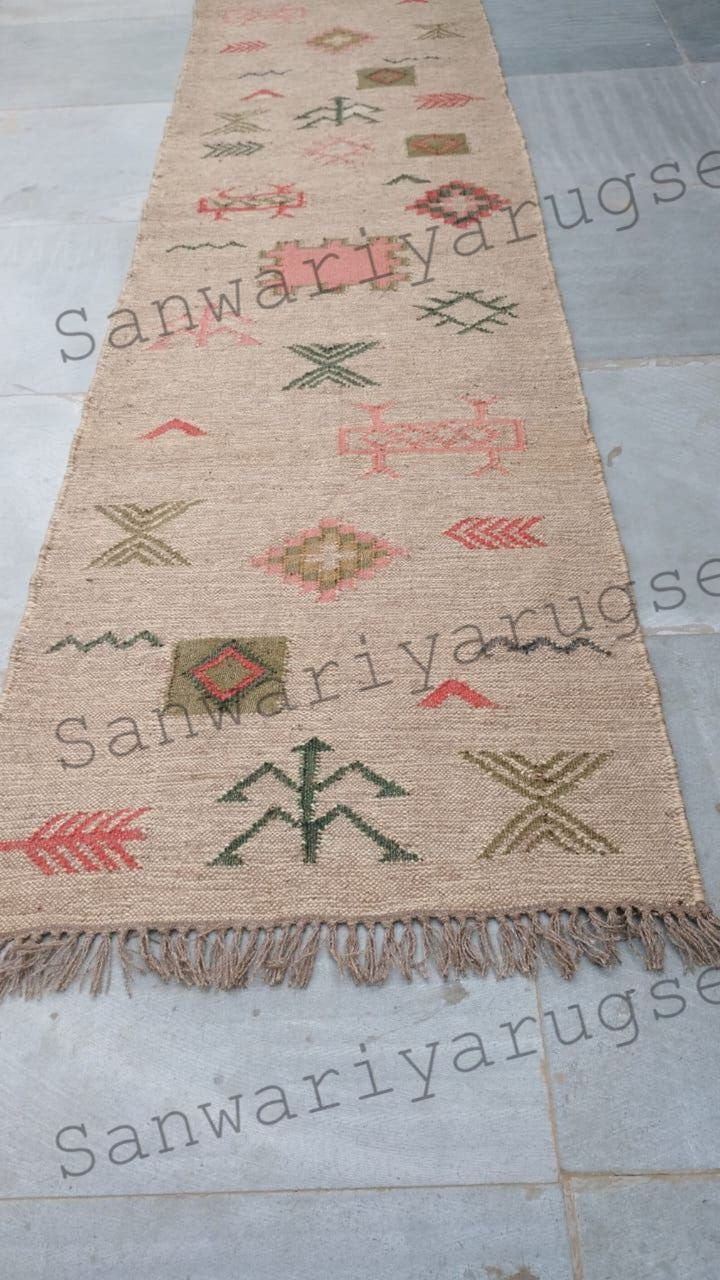 Handwoven Wool Jute Rug Handmade Kilim Dhurrie Rug, Oriental Motifs Runner