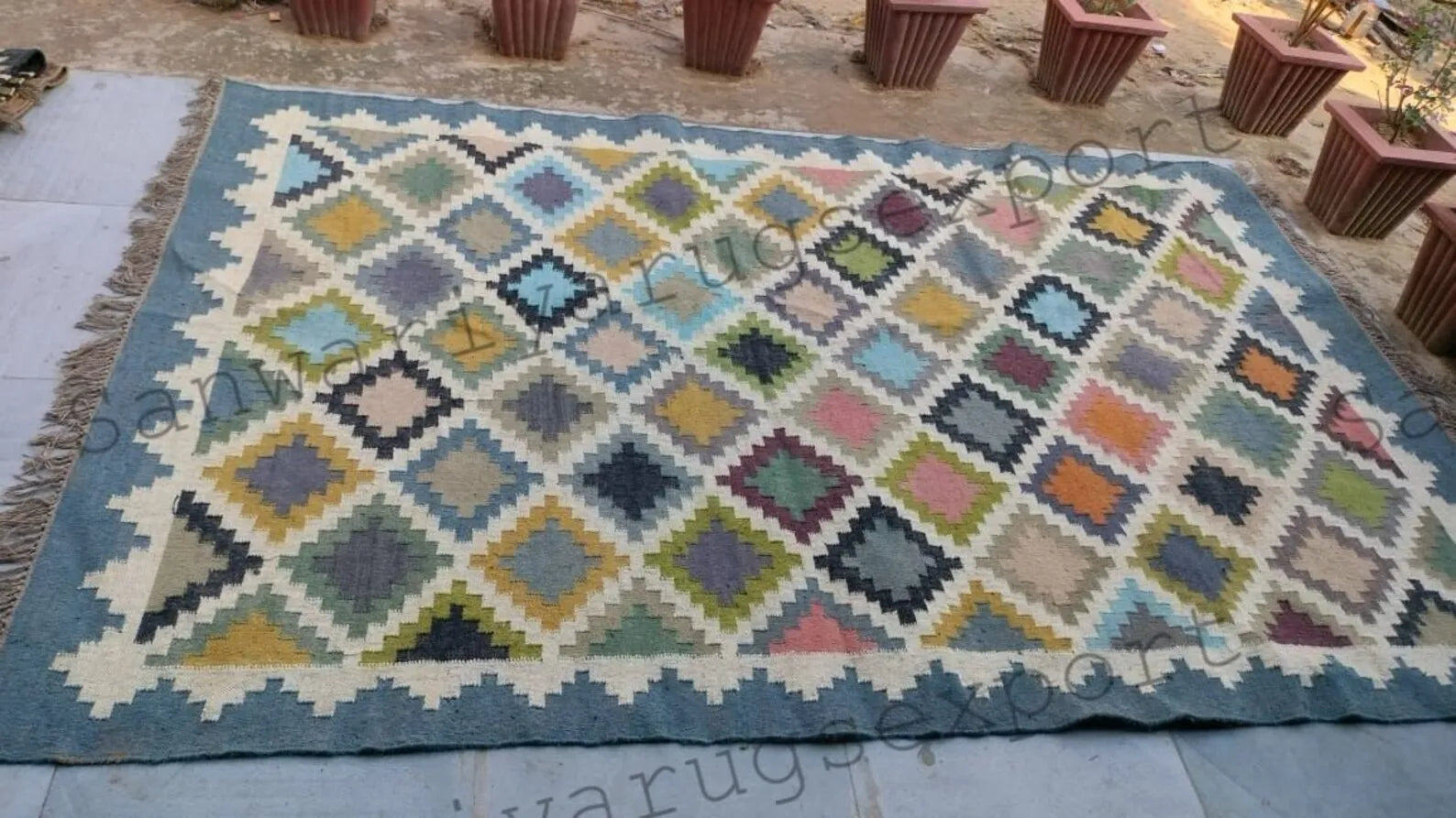 Handmade Wool Jute Kilim Rug, Multicolor Geometric Area Rug, Reversible Boho Flatweave Dhurrie Carpet, Artisan Farmhouse Rug, Custom Size