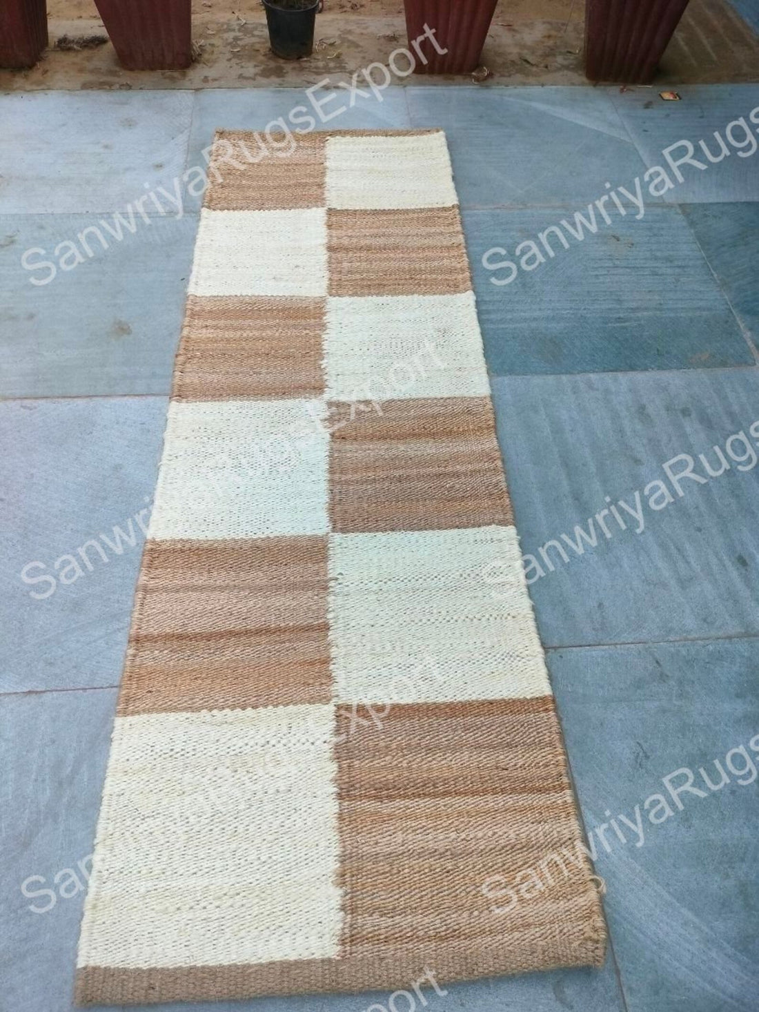 Handwoven Jute Runner Rug with White Box Pattern