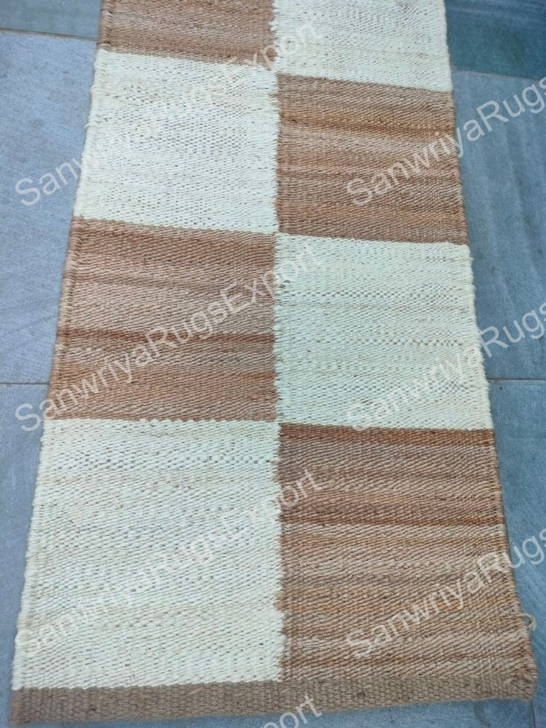 Handwoven Jute Runner Rug with White Box Pattern