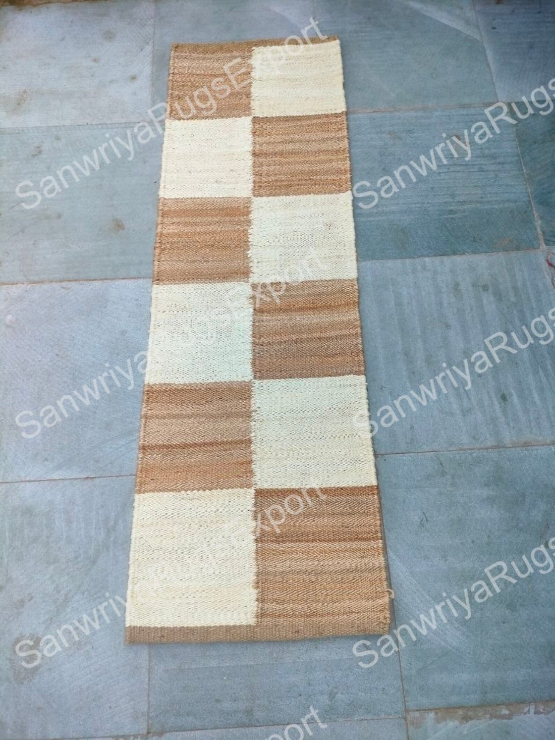Handwoven Jute Runner Rug with White Box Pattern