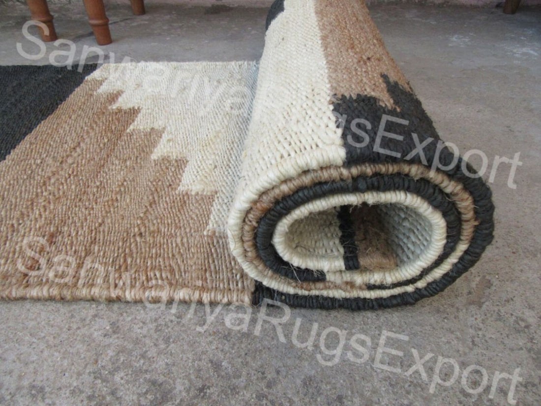 Natural Black & White Zigzag Jute & Hemp Rug – Handwoven Area & Stair Runner