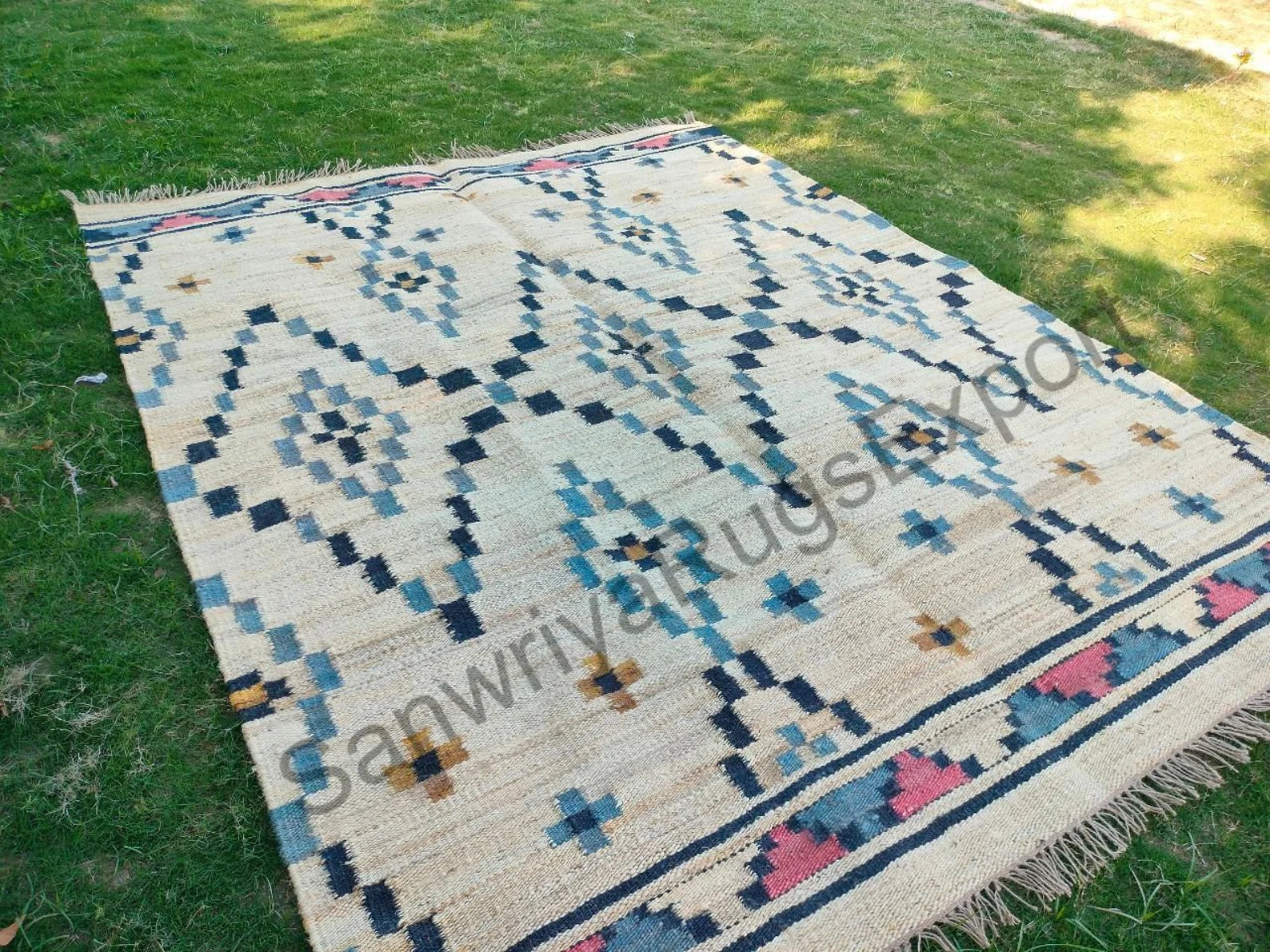 Handmade Wool Jute Kilim Rug – Modern Flatweave Boho Carpet