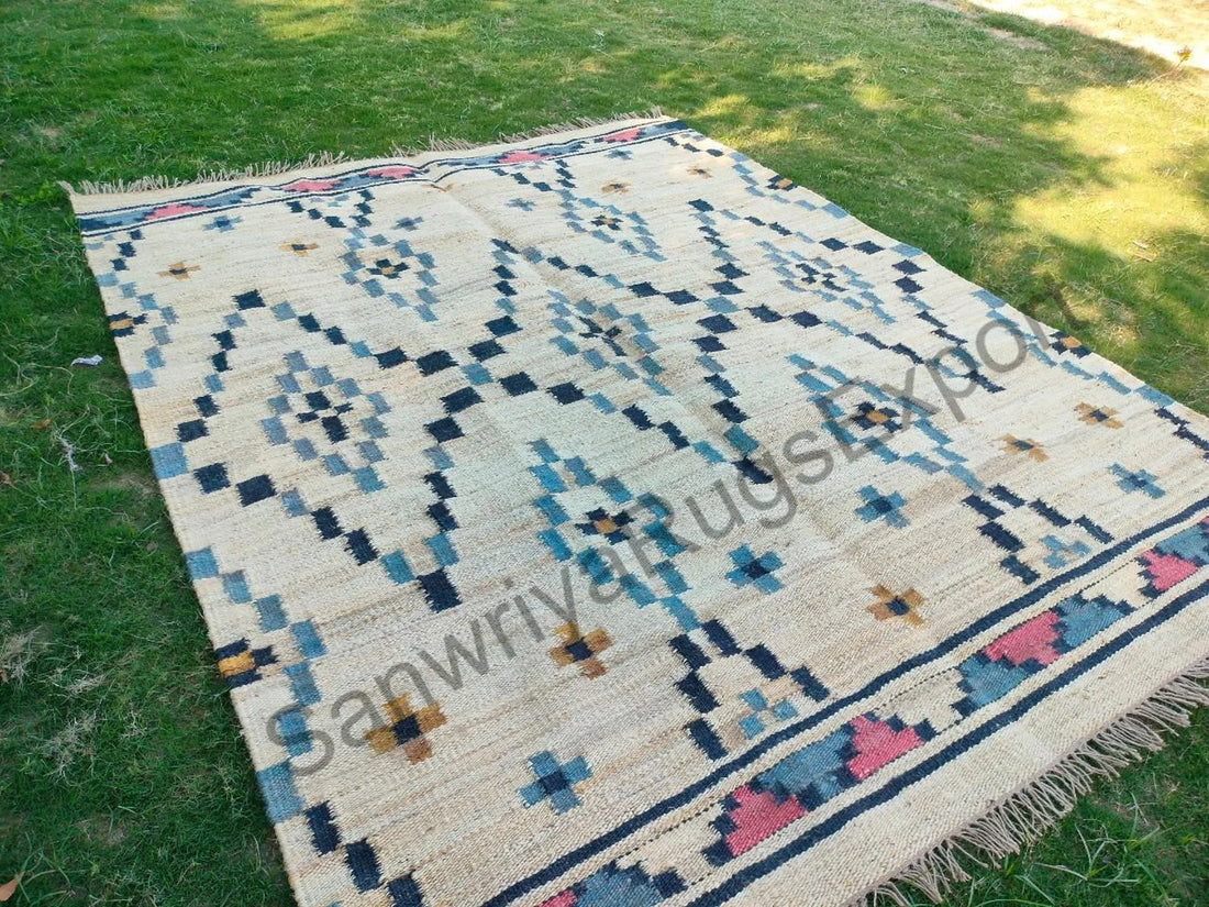 Handmade Wool Jute Kilim Rug – Modern Flatweave Boho Carpet