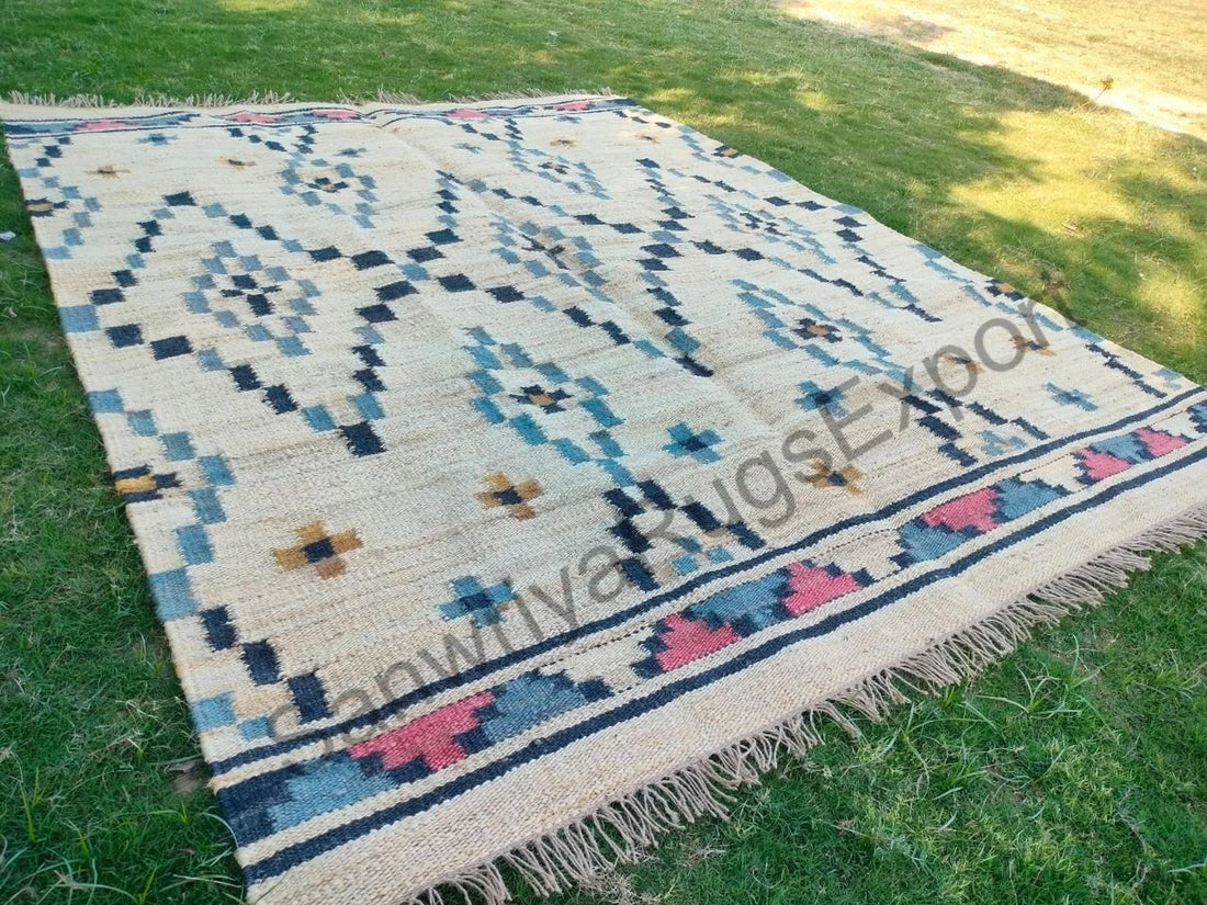 Handmade Wool Jute Kilim Rug – Modern Flatweave Boho Carpet