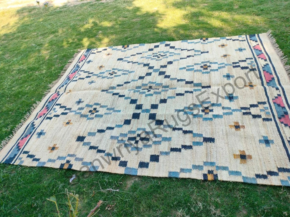 Handmade Wool Jute Kilim Rug – Modern Flatweave Boho Carpet