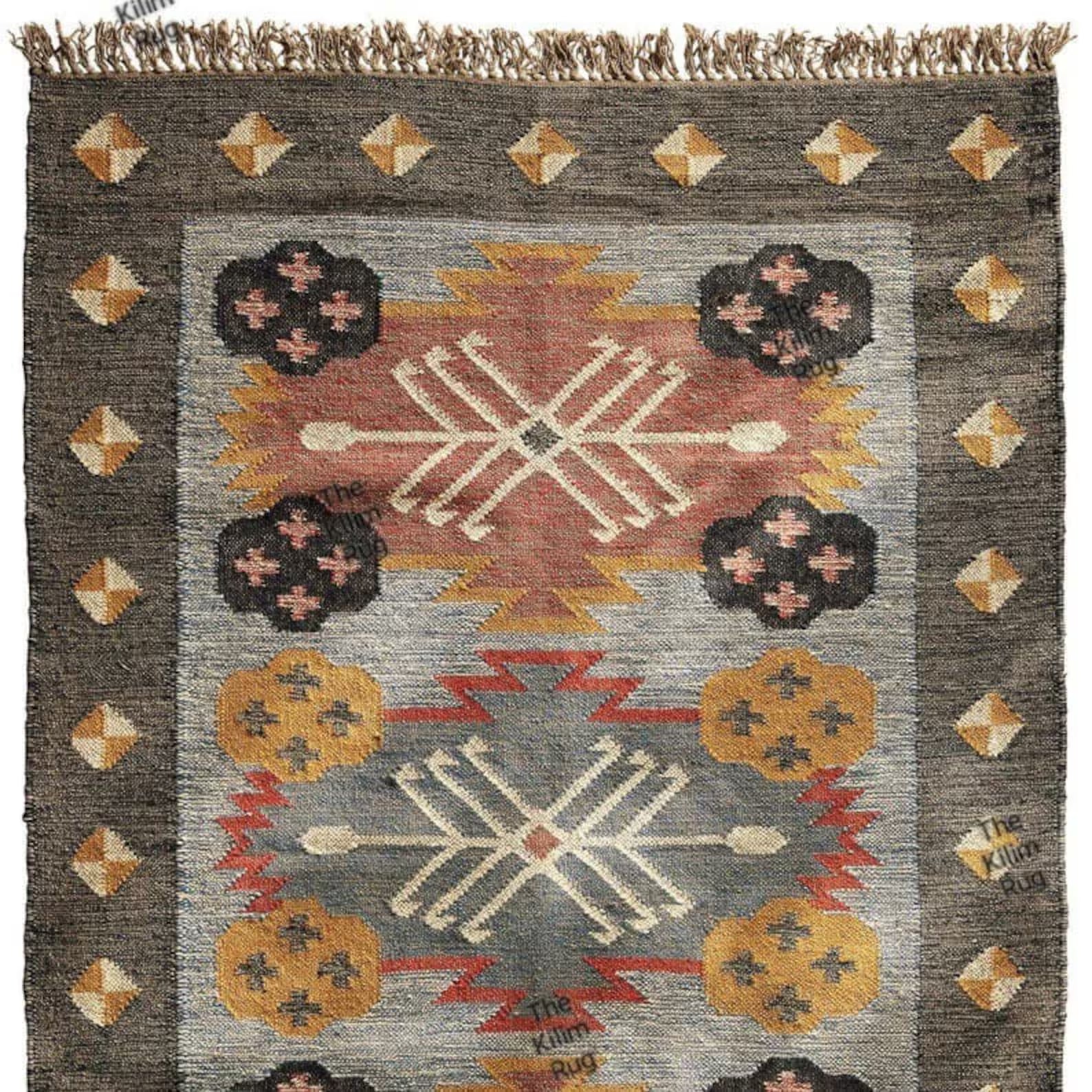 Handwoven Wool Jute Kilim Dhurrie Rug, Traditional Multicolor Oriental Decor