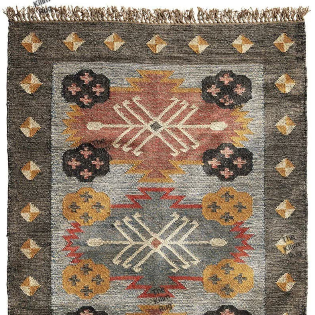Handwoven Wool Jute Kilim Dhurrie Rug, Traditional Multicolor Oriental Decor