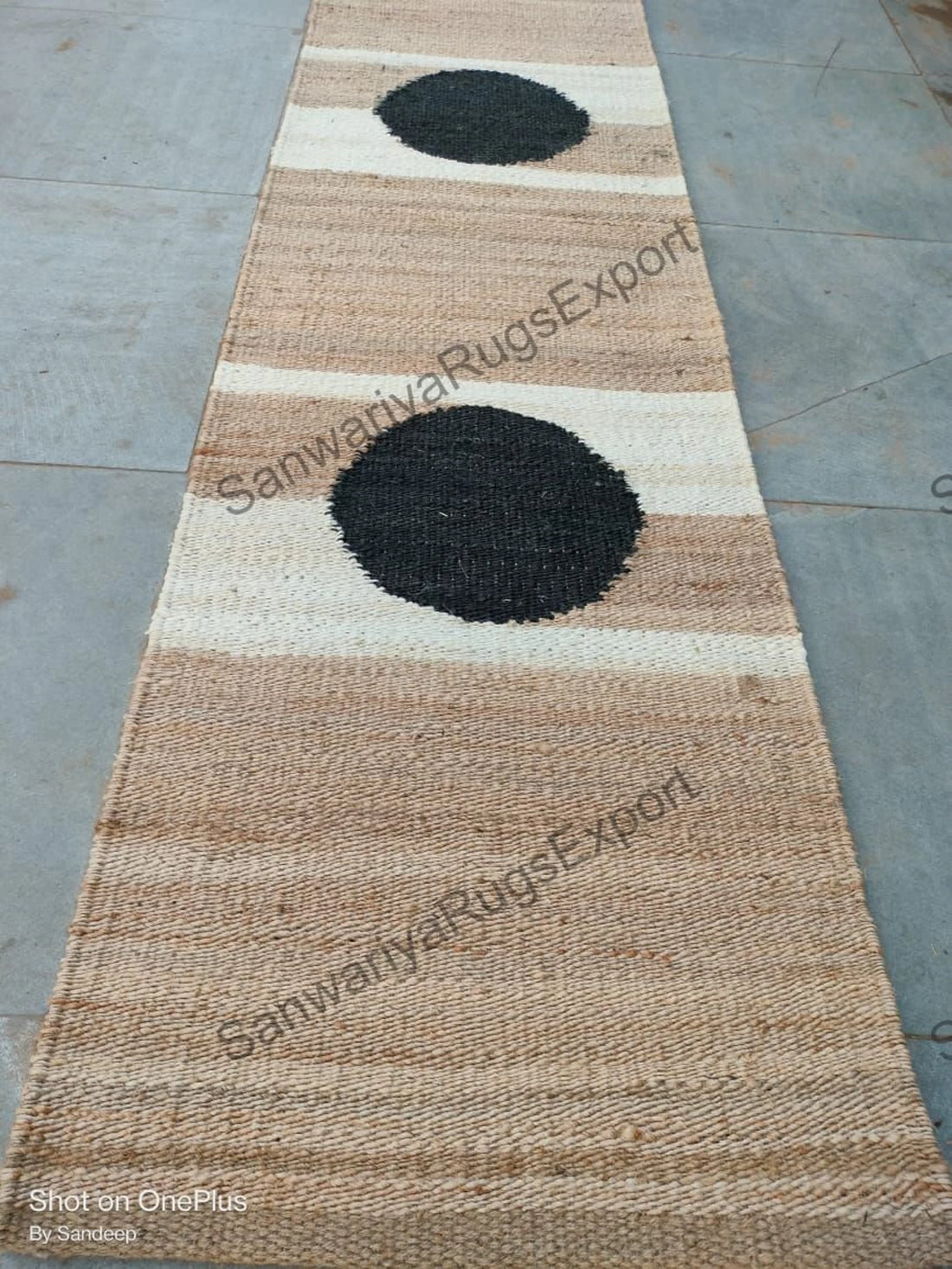 Natural White & Black Circle Jute Runner Rug