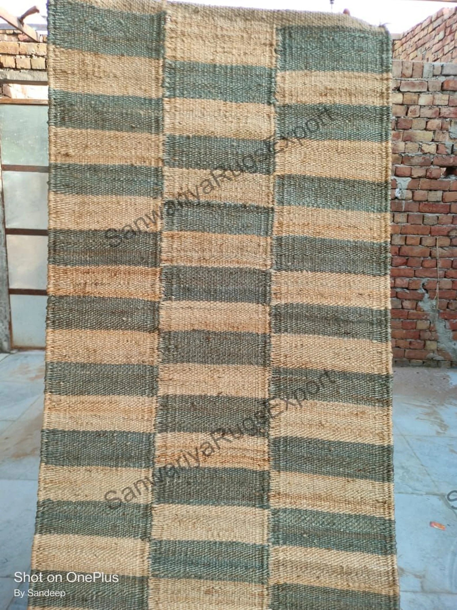 Handwoven Hemp Jute Runner Rug – Natural Grey Box Pattern