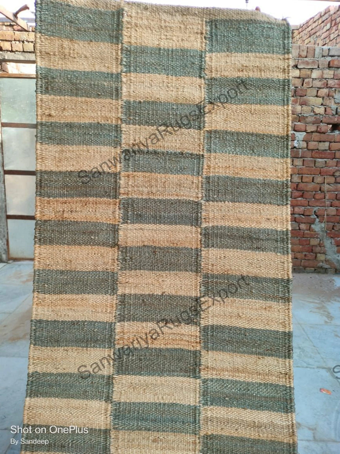 Handwoven Hemp Jute Runner Rug – Natural Grey Box Pattern