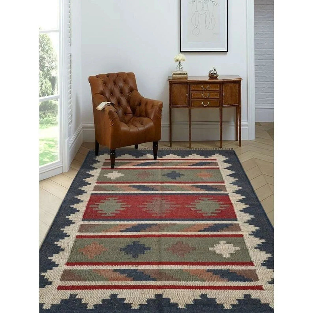 Handwoven Wool Jute Kilim Rug | Bohemian Flatweave Wool Dhurrie