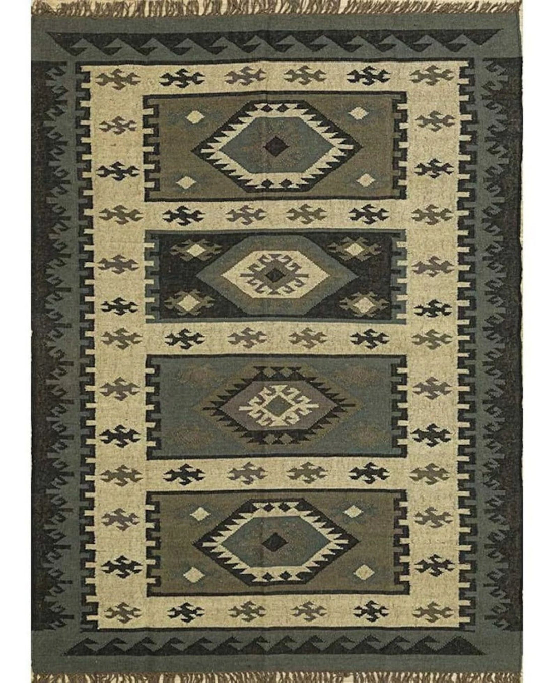 Handmade Large Kilim Rug – Wool & Jute Flatweave Dhurrie with Traditional Motifs