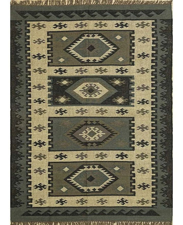 Handmade Large Kilim Rug – Wool & Jute Flatweave Dhurrie with Traditional Motifs