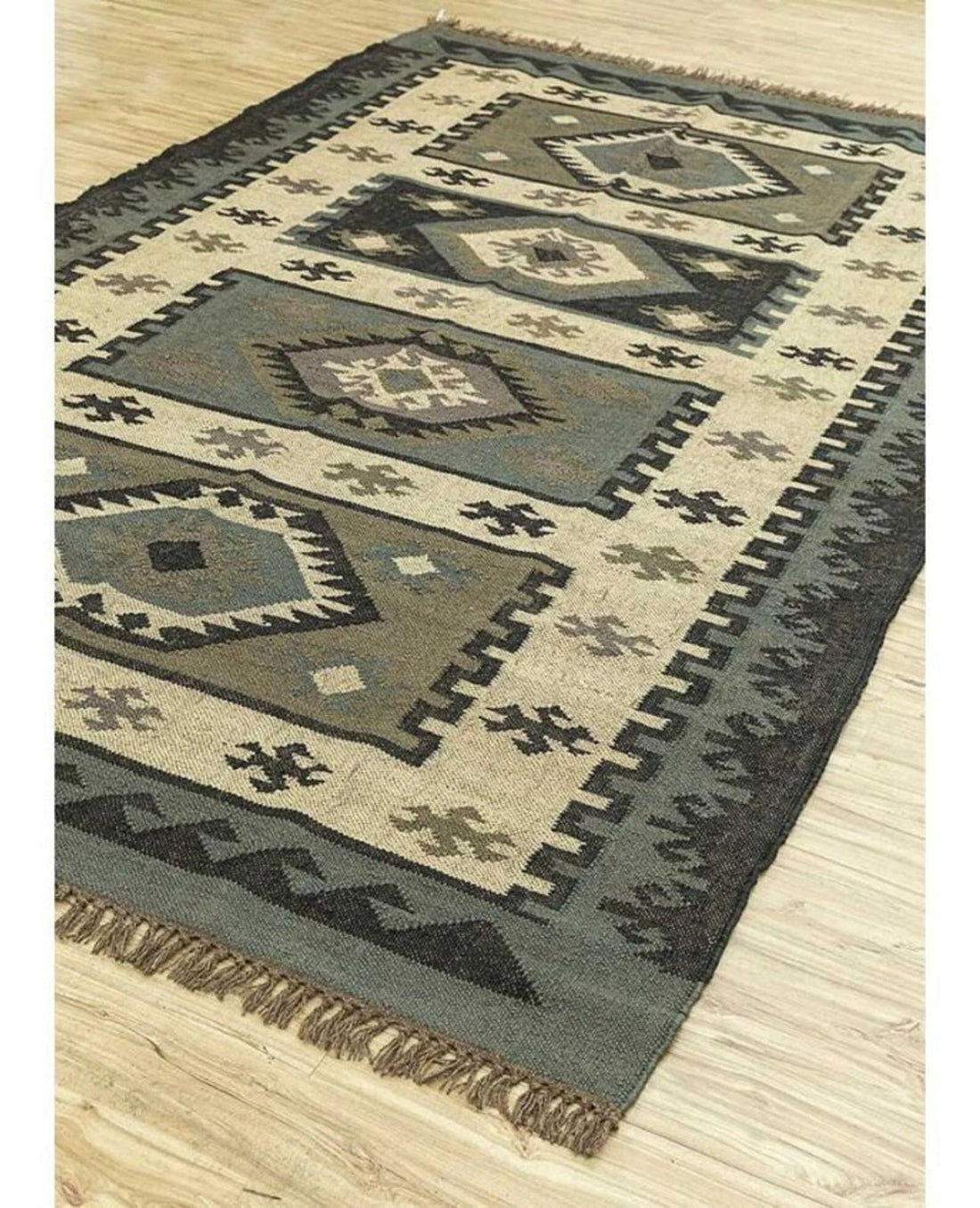 Handmade Large Kilim Rug – Wool & Jute Flatweave Dhurrie with Traditional Motifs