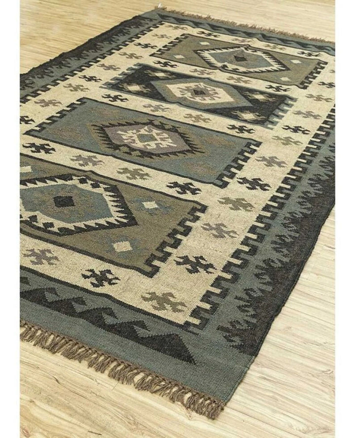 Handmade Large Kilim Rug – Wool & Jute Flatweave Dhurrie with Traditional Motifs