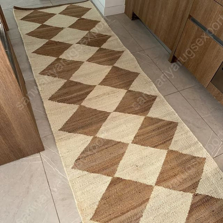 Natural Diamond Pattern Hemp Jute Runner Rug for Hallways
