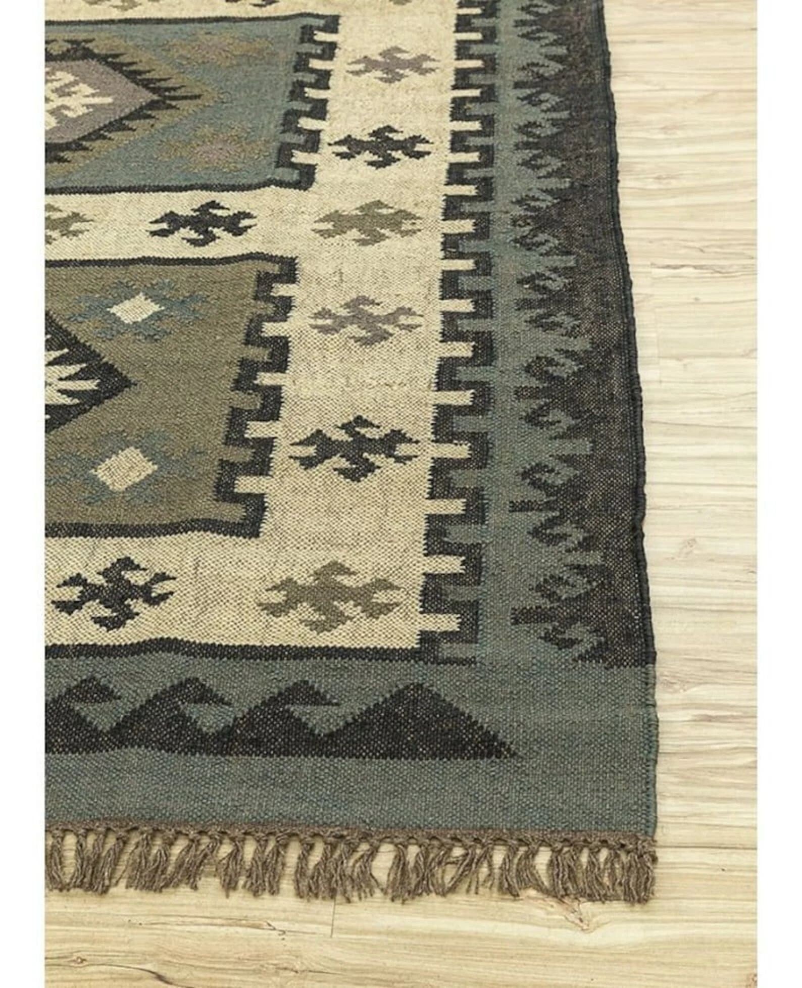 Handmade Large Kilim Rug – Wool & Jute Flatweave Dhurrie with Traditional Motifs