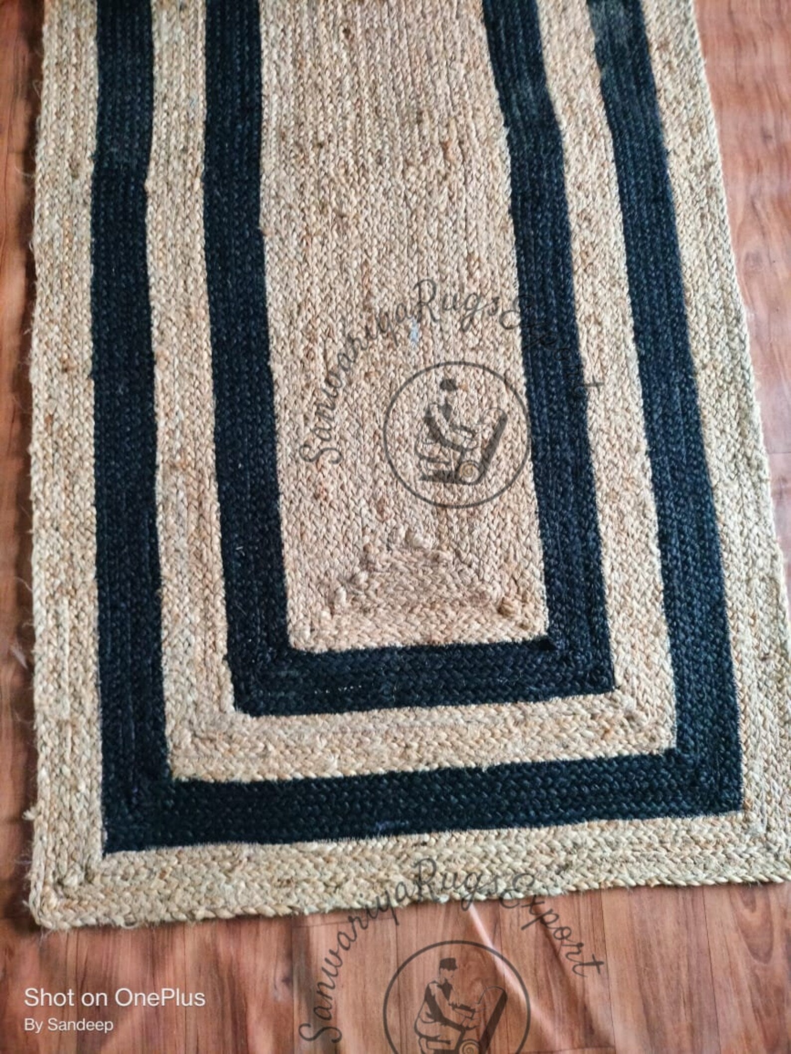 Black Border Natural Jute Braided Rug | Handmade Eco-Friendly Area Rug | Custom Size Sustainable Boho Carpet by Sanwariya Rugs