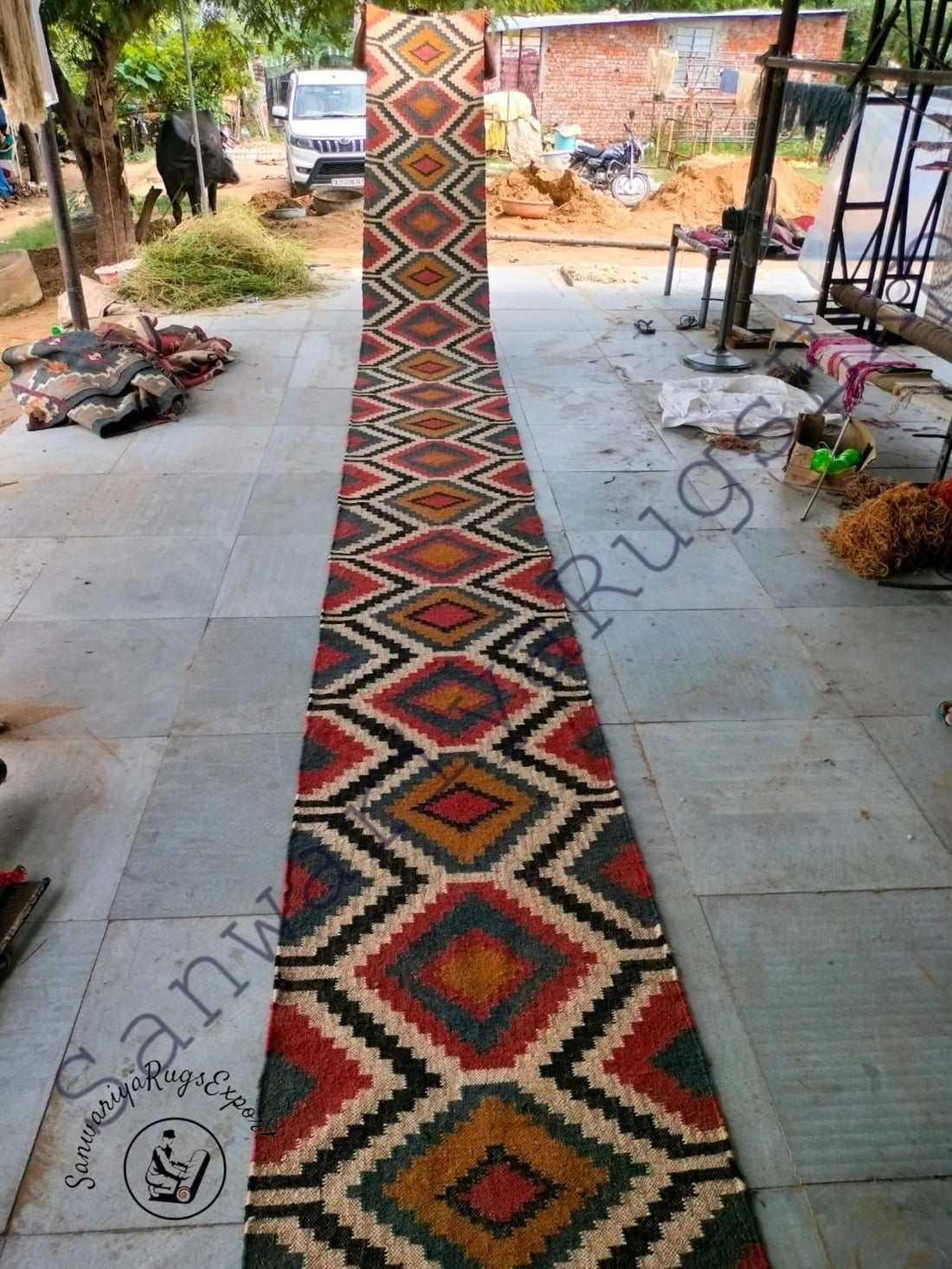 Kilim Wool Jute Runner Rug with Oriental Geometric Motifs for Hallways & Home Décor