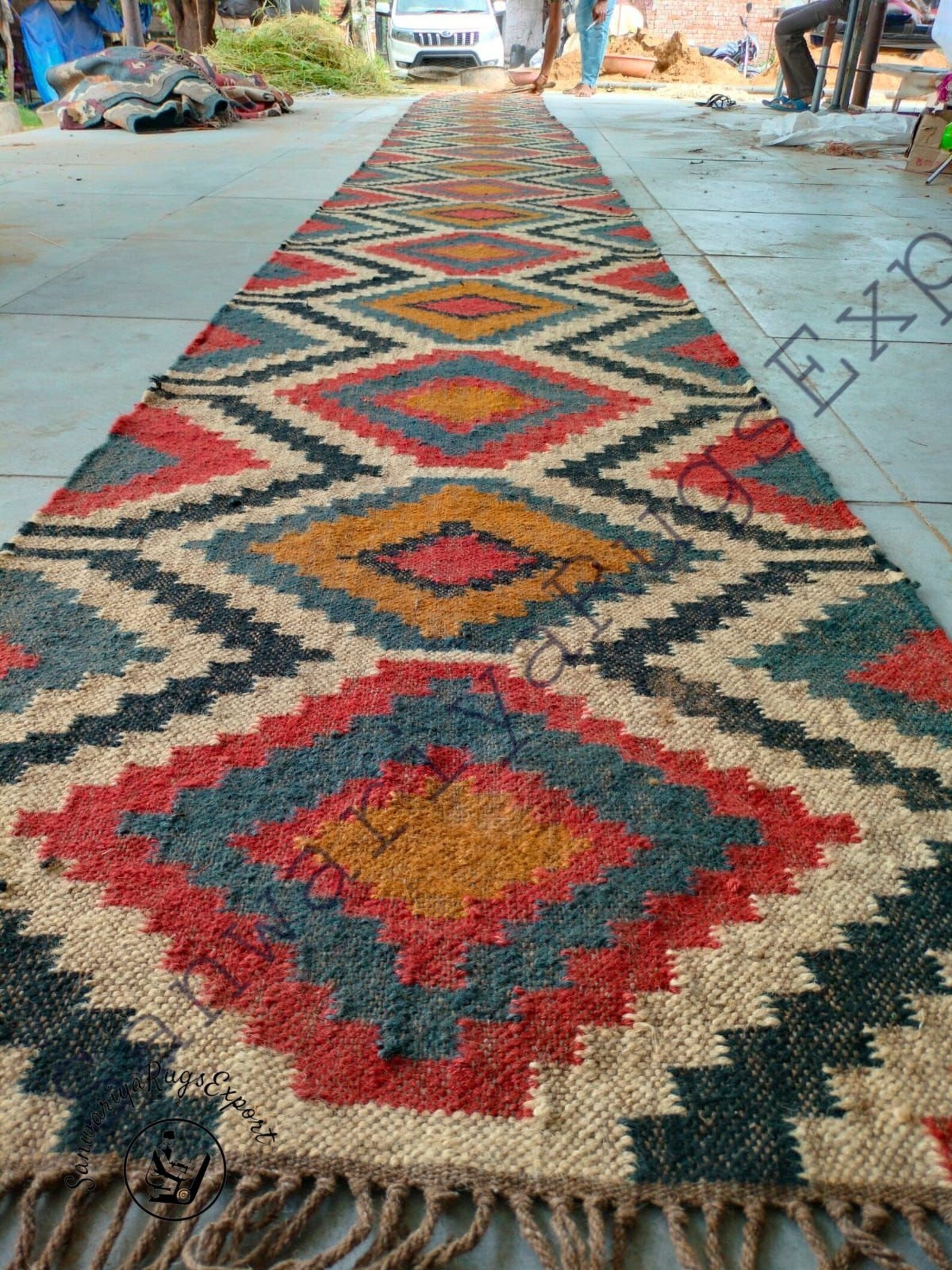 Kilim Wool Jute Runner Rug with Oriental Geometric Motifs for Hallways & Home Décor