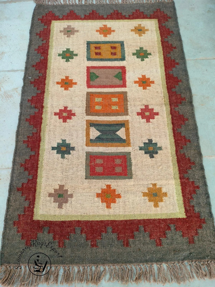 Handmade Large Wool Jute Kilim Rug, Handwoven Oriental Geometric Dhurrie Carpet, Traditional Indian Designer Floor Rug