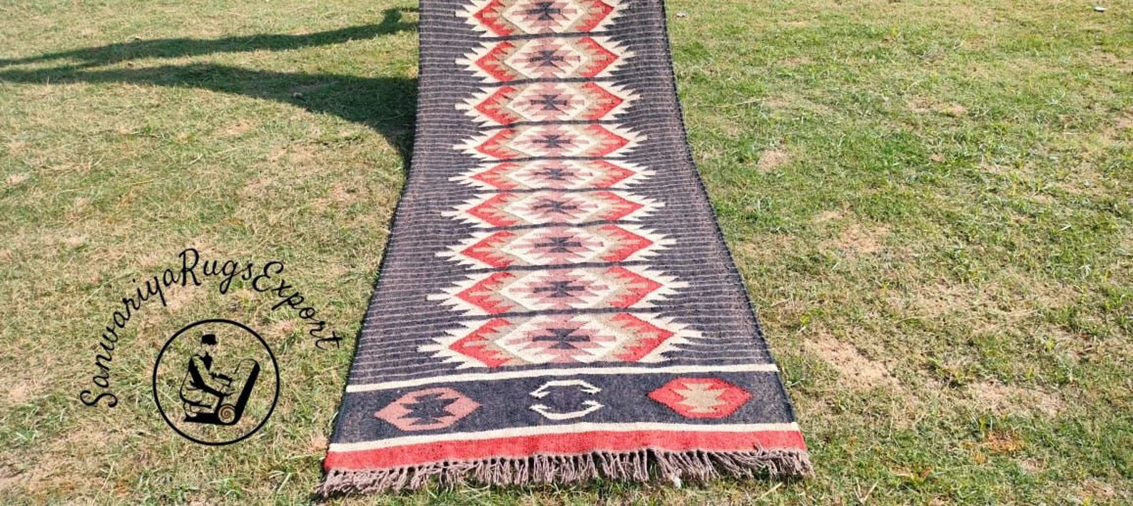 Handwoven Wool Jute Kilim Runner Rug Traditional Indian Geometric Turkish Home decor