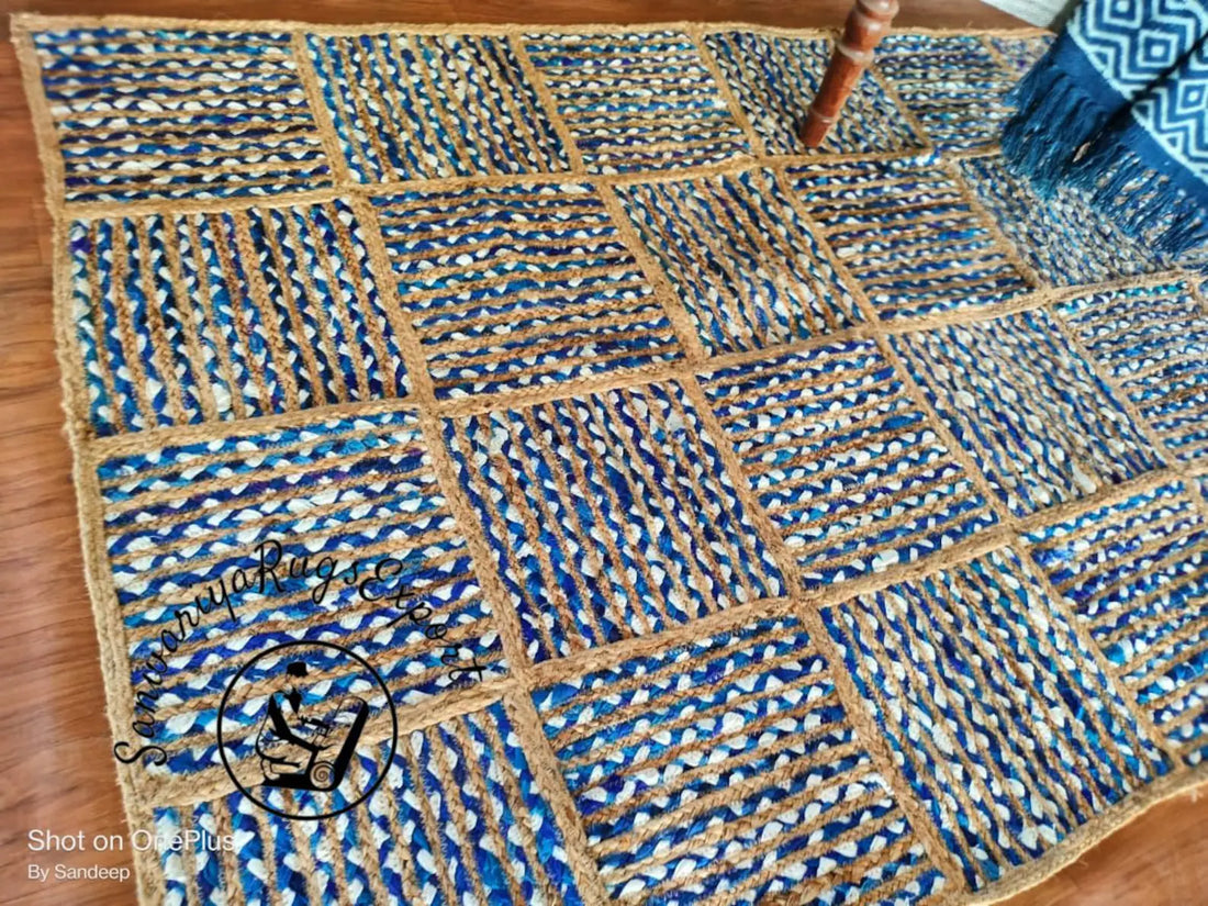 Natural Jute and Denim Cotton Braided Handmade Rug – Eco-Friendly Boho Area Carpet