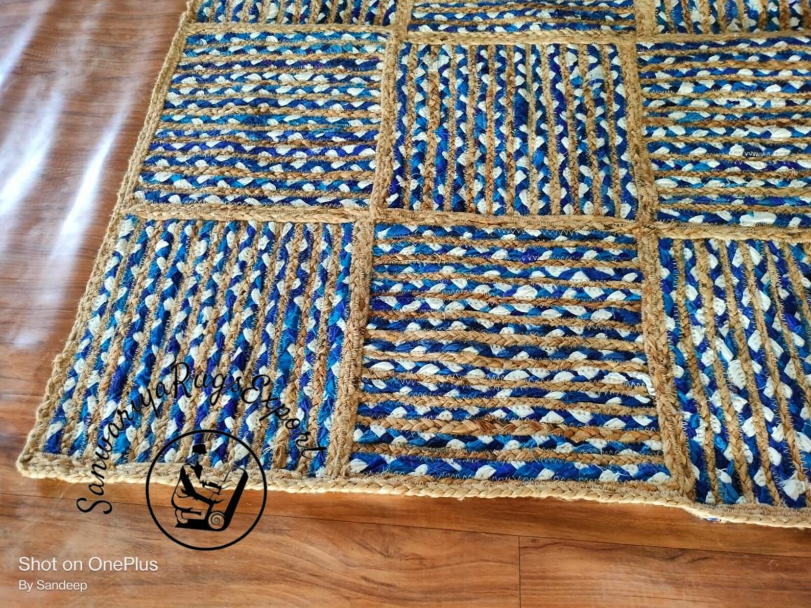 Natural Jute and Denim Cotton Braided Handmade Rug – Eco-Friendly Boho Area Carpet