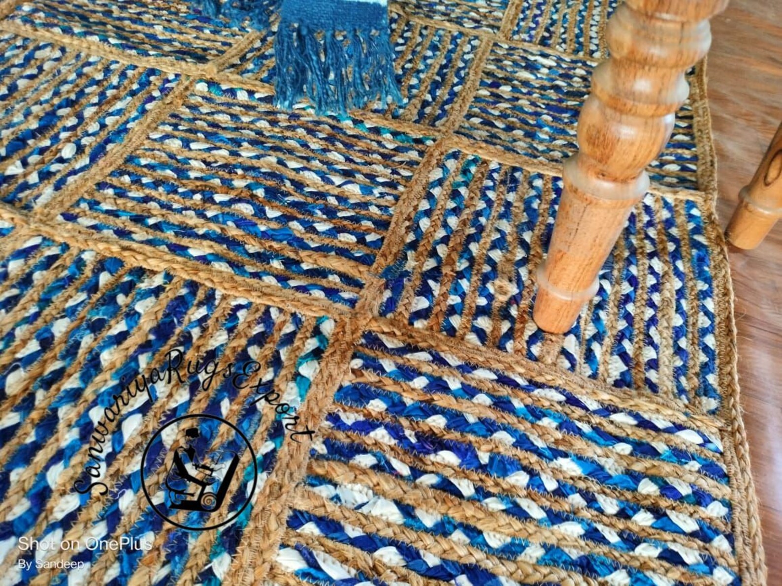 Natural Jute and Denim Cotton Braided Handmade Rug – Eco-Friendly Boho Area Carpet