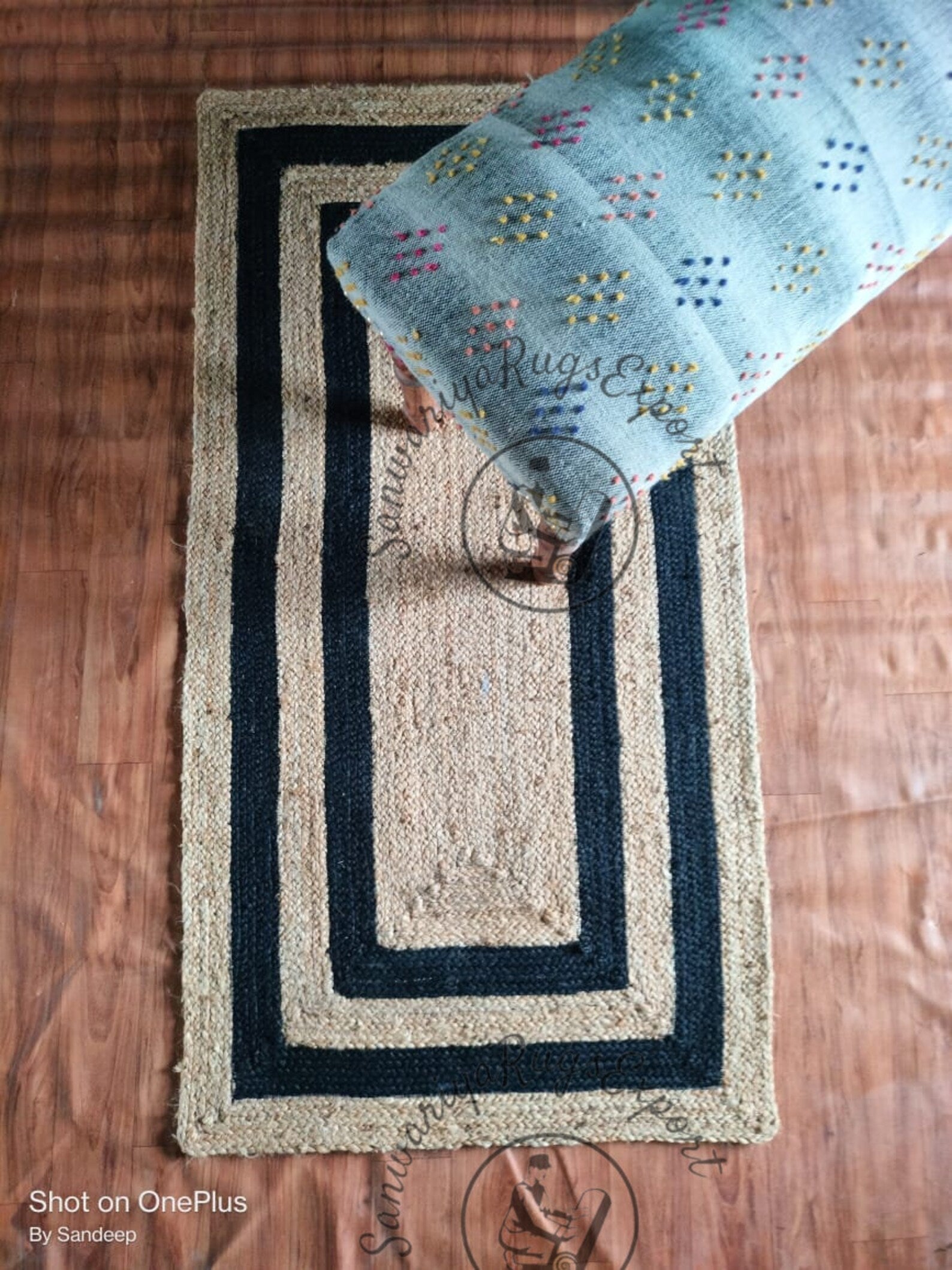 Black Border Natural Jute Braided Rug | Handmade Eco-Friendly Area Rug | Custom Size Sustainable Boho Carpet by Sanwariya Rugs