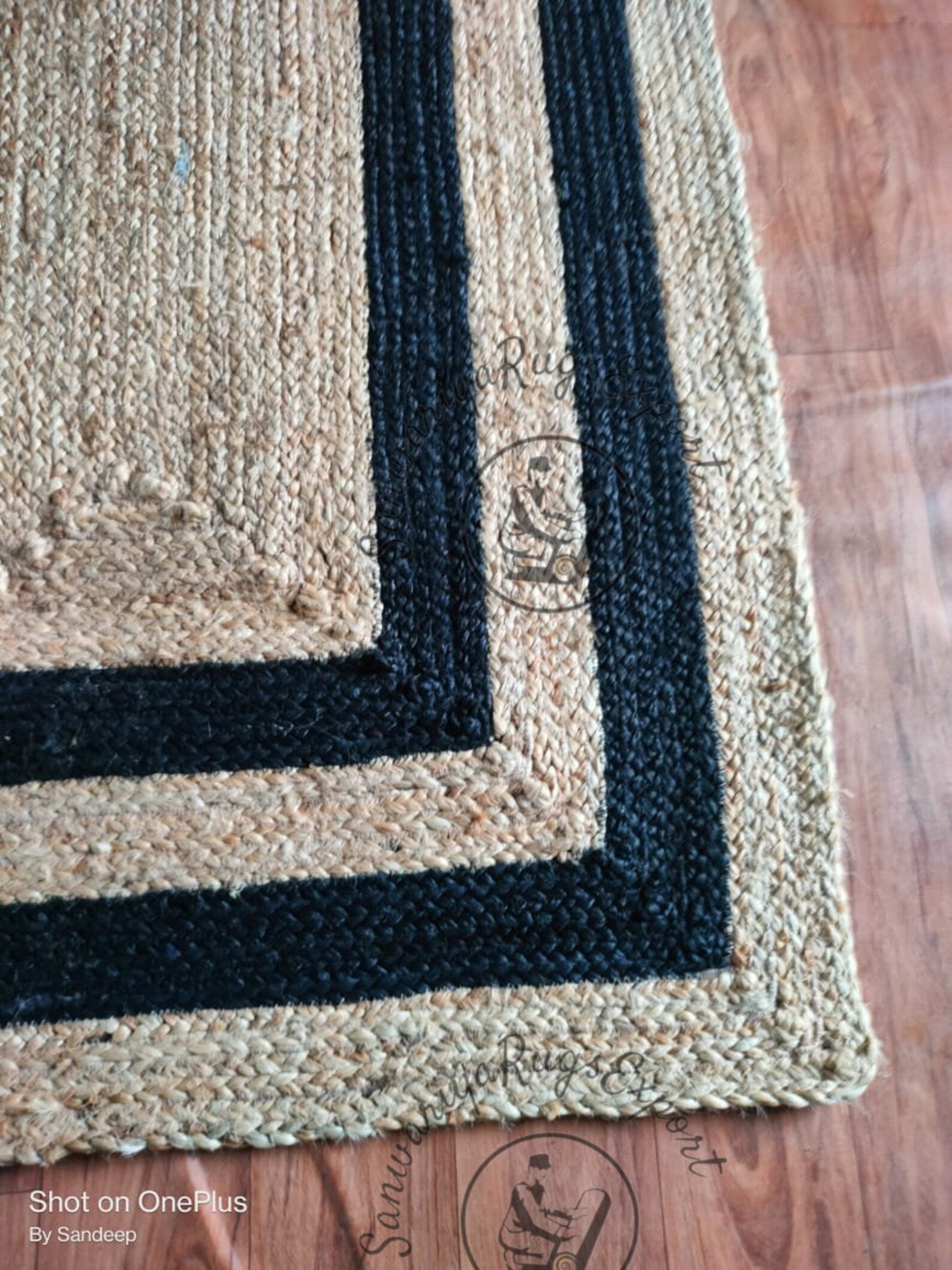 Black Border Natural Jute Braided Rug | Handmade Eco-Friendly Area Rug | Custom Size Sustainable Boho Carpet by Sanwariya Rugs