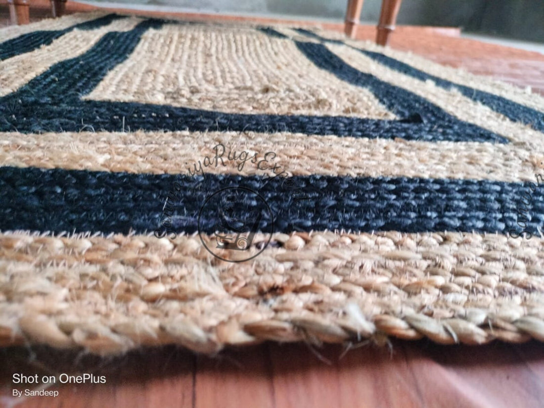 Black Border Natural Jute Braided Rug | Handmade Eco-Friendly Area Rug | Custom Size Sustainable Boho Carpet by Sanwariya Rugs