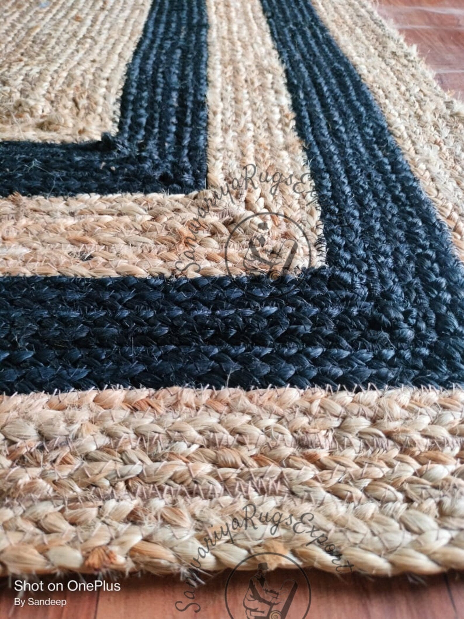 Black Border Natural Jute Braided Rug | Handmade Eco-Friendly Area Rug | Custom Size Sustainable Boho Carpet by Sanwariya Rugs