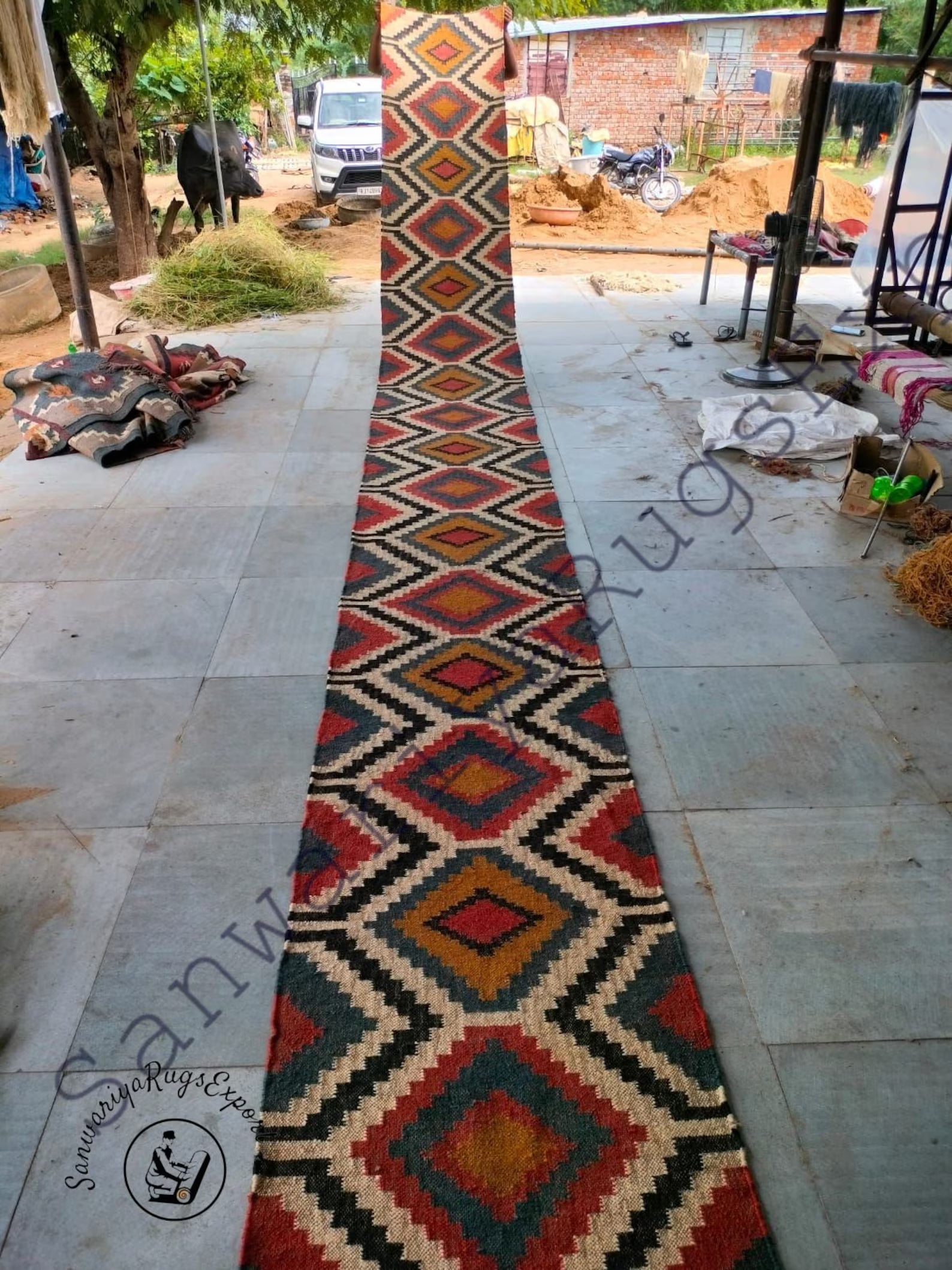 Kilim Wool Jute Runner Rug with Oriental Geometric Motifs for Hallways & Home Décor